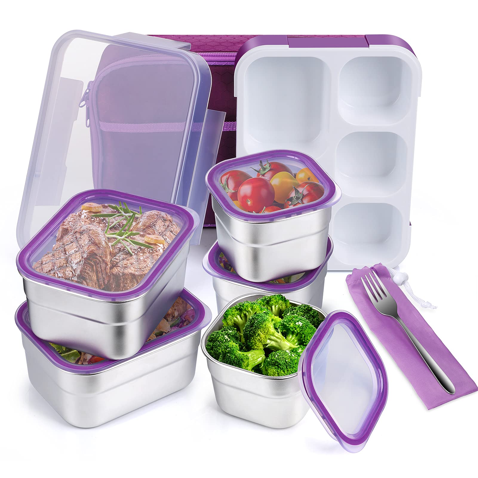 Photo 1 of DaCool Stainless Steel Kids Bento Lunch Box Leak Proof BPA-Free School Lunch Container 5-Compartment with Lunch Bag and Fork for Toddler Child Adult, Food Snack Container for Picnic Outdoors,Purple