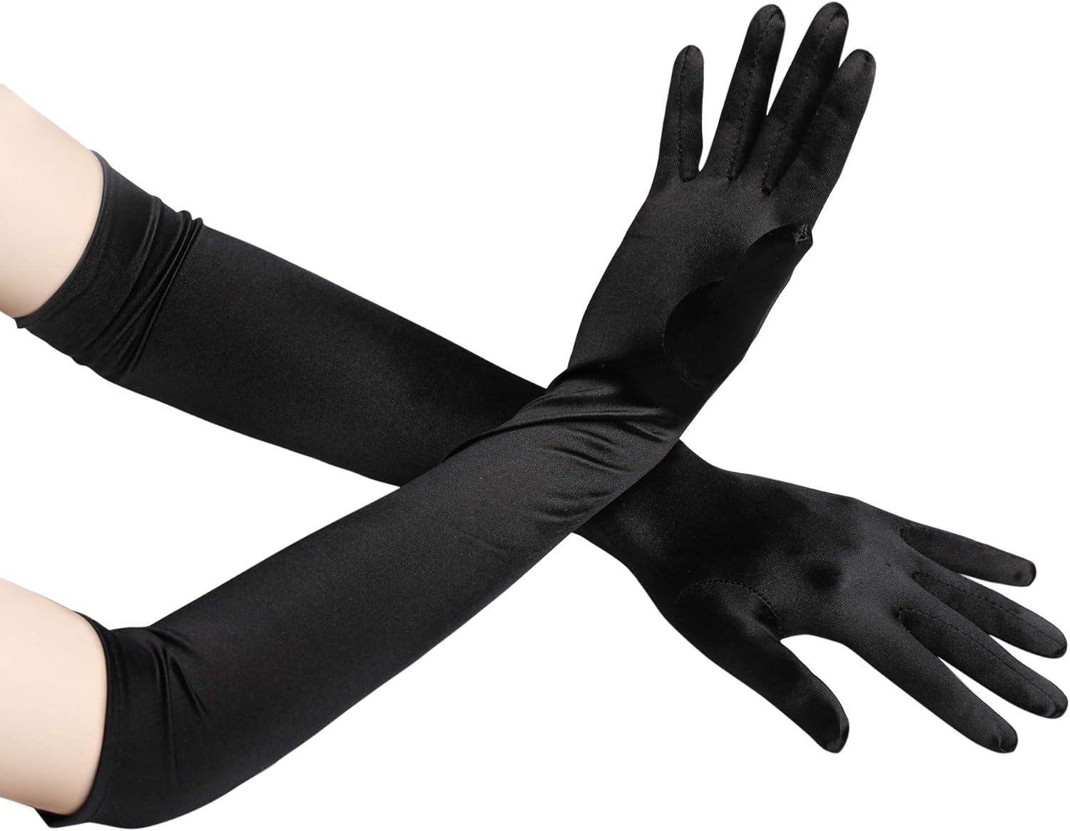 BABEYOND Classic Long Opera Pageant Party 1920s Satin Gloves Stretchy Adult Size Elbow Wrist Length 20.5" (Long Smooth 20.5in/Black): Clothing