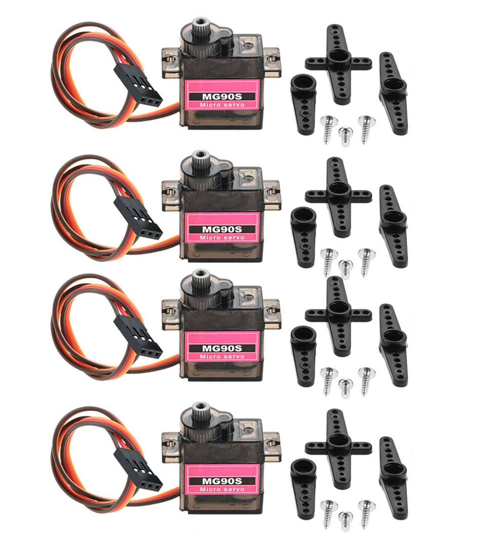 Aupoko 4Pcs MG90S Micro Servo Motor, 180° Metal Gear High Torque RC Servo 4.8V-6.0V for Futaba JR RC Helicopter, Car, Boat, Robot Arm, Plane & Arduino DIY Projects(Horns & Cables)