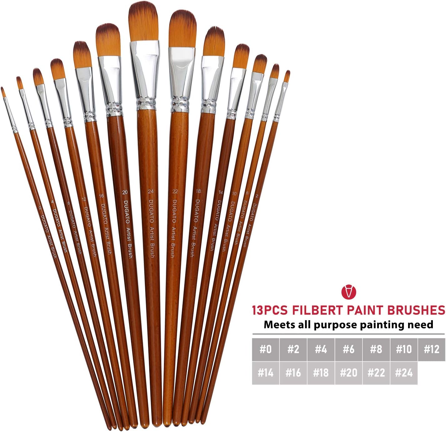 Artist Filbert Paint Brushes Set 13pcs, Soft Anti-Shedding Nylon Hair Wood Long Handle for Acrylic Oil Watercolor Gouache Paint by Numbers (13pcs)