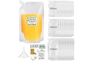 SHBAOCH Plastic Drink Pouches, 30PCS 3 Mixed Sizes Refillable Juice Travel Flasks Bags with 1 Funnel, Plastic Liquor Pouch Dr