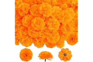 M&C Music Color Marigold Flowers Heads Bulk, 50Pcs Silk Marigold Flowers Artificial for Decoration DIY Wreath Garland Craft Wedding Party Baby Shower Decoration Halloween Christmas (Orange)