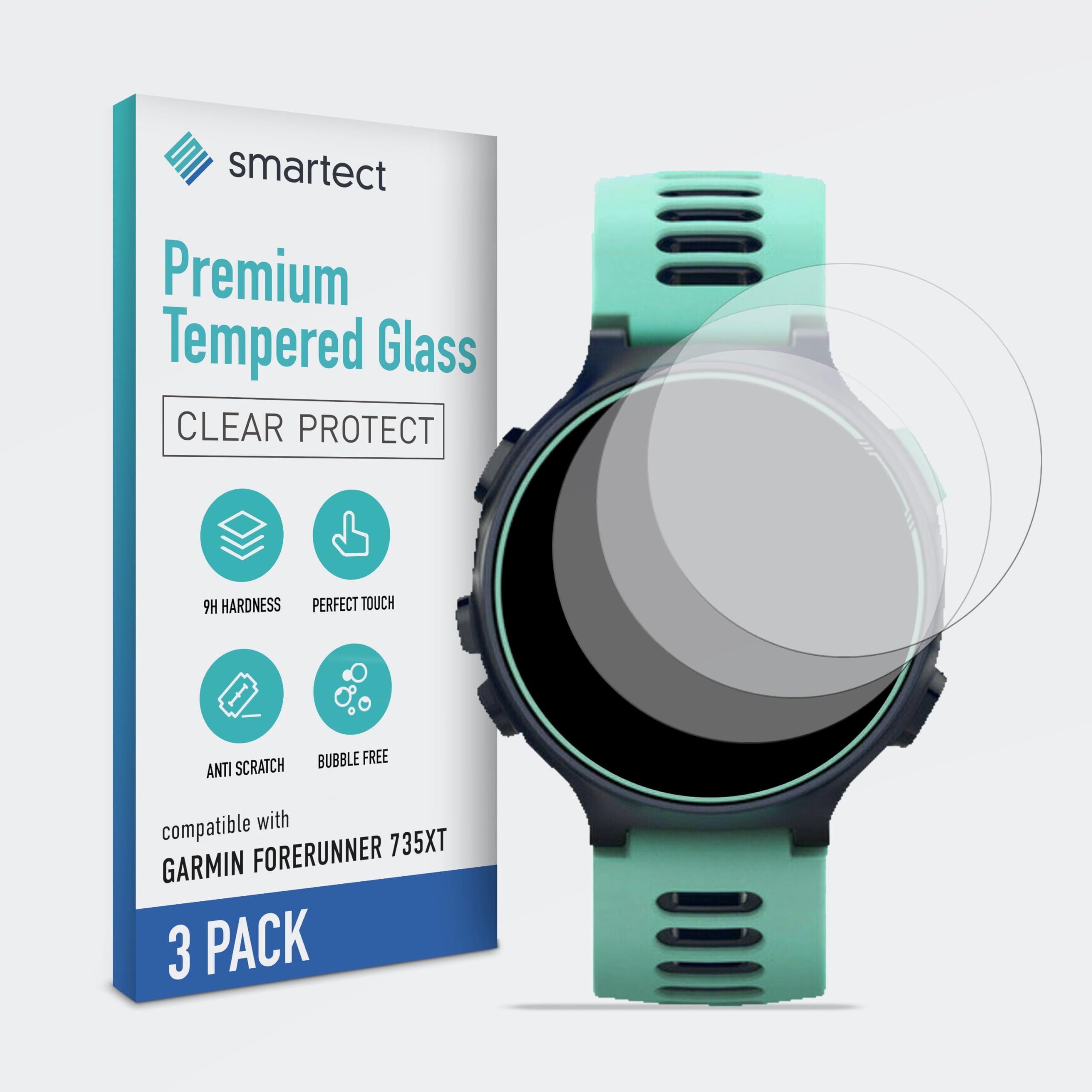 smartect Glass Screen Protector [3 Pieces, Ultra-Clear] for Garmin Forerunner 735XT, HD Protective Film Anti Scratch, Bubble Free, 9H Hardness, Ultra Resistant