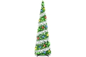 PINKSWAN 5Ft Pop Up Christmas Tree with Lights, Collapsible Pencil Tree Green Silver, Skinny Christmas Tree Slim Xmas Tree, Artificial Tinsel Tree Foldable for Home Apartment Holiday Party Winter Decor