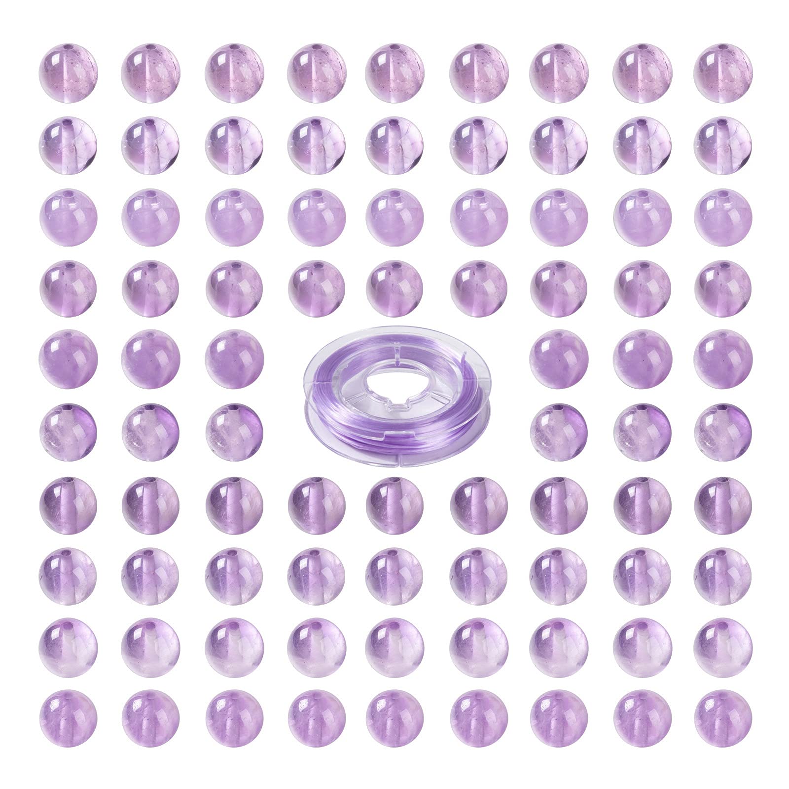 BEEFLYING 100Pcs 8mm Natural Amethyst Round Beads Crystal Gemstone Loose Spacer Beads with Elastic Crystal Thread for Jewelry Making Handmade Projects