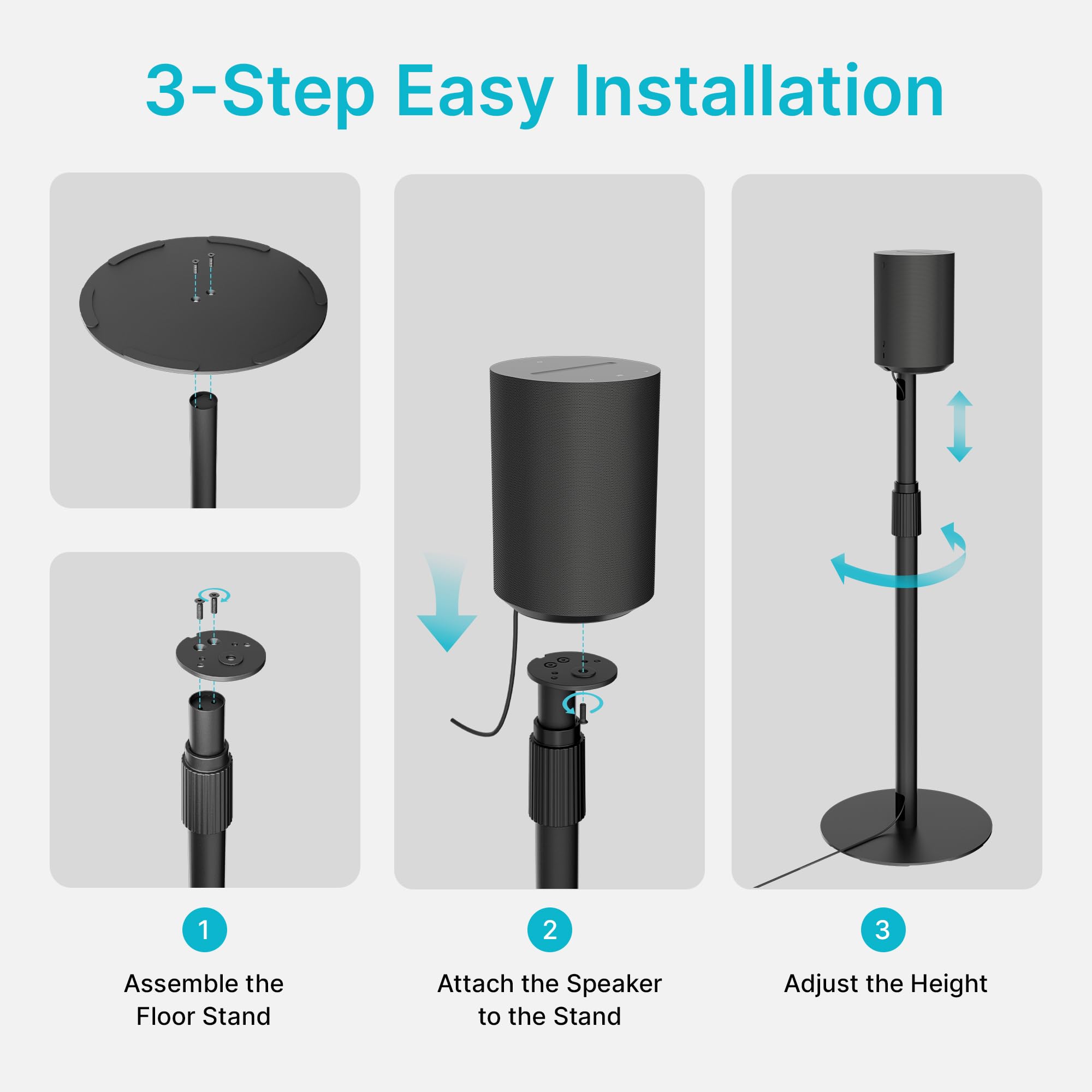 Adjustable Height Speaker Stands Compatible with SONOS Era 300 and Era 100, Height Adjustable up to 42.6'', Floor Stands with Cable Management, Speaker Mount, Black, 2 Pack (Pair)