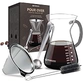 Pour Over Coffee Maker Set - 34 oz Large Borosilicate Glass Carafe, Thickened Rust Resistant Heat Resistant Double-Layer Stainless Steel Dripper/Filter with Coffee Scoop and Cleaning Brush