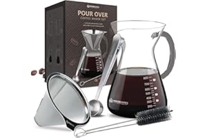 BRENSTEN Pour Over Coffee Maker Set - 34 oz Large Borosilicate Glass Carafe, Thickened Rust Resistant Heat Resistant Double-Layer Stainless Steel Dripper/Filter with Coffee Scoop and Cleaning Brush