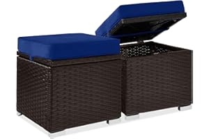 Best Choice Products Set of 2 Wicker Ottomans, Multipurpose Outdoor Furniture for Patio, Backyard, Additional Seating, Footrest, Side Table w/Storage, Removable Cushions - Navy/Brown