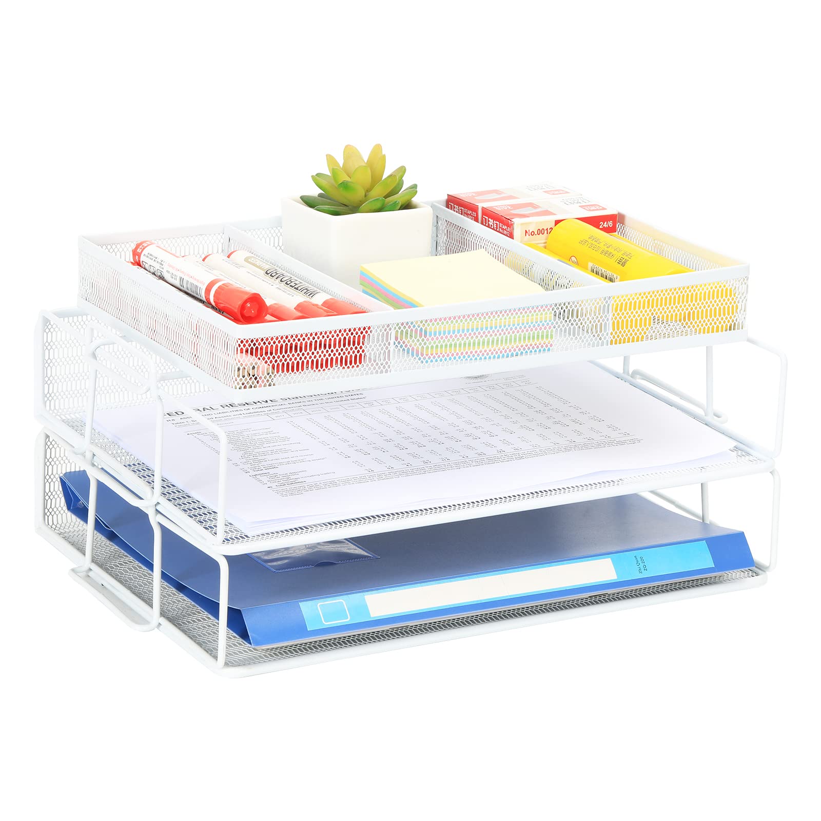 EasyPAG 2 Tier A4 Mesh in Trays Stackable Office Desk Tidy File Holder Magazine Storage Paper Organiser with Top Stationery Holder,White