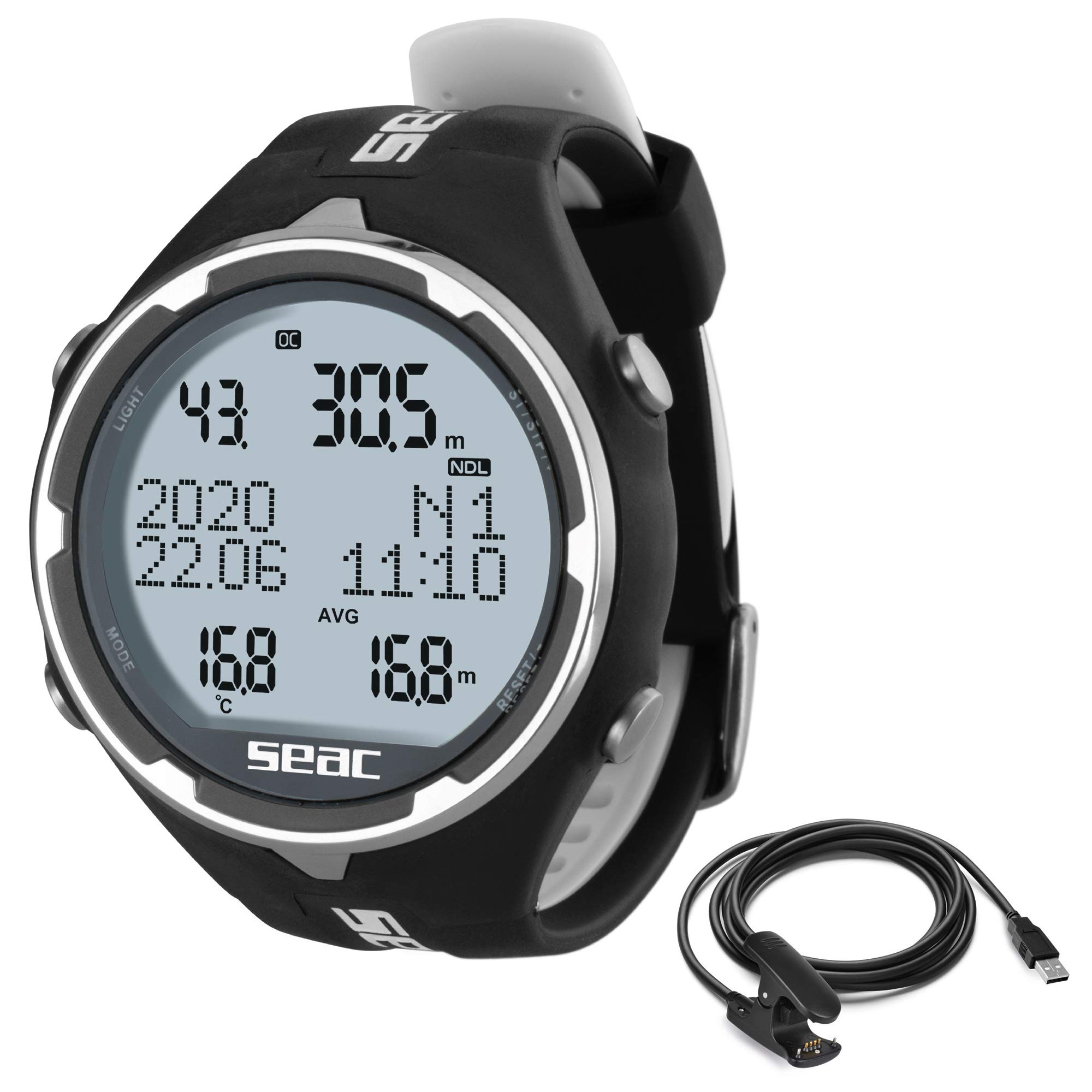 Seac Action, Dive Computer with Scuba and Freediving Mode, Dive Logbook, Dive Planner, Safety Alarms, black/white + usb