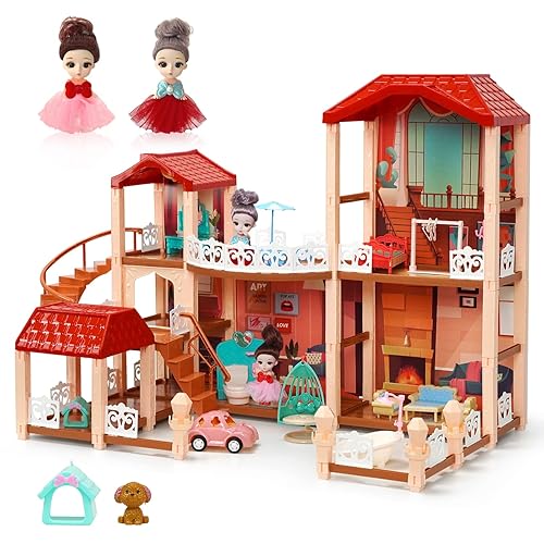 Doll House, Girl Toys Dollhouse with Dolls, Pet Dog, Car,Light