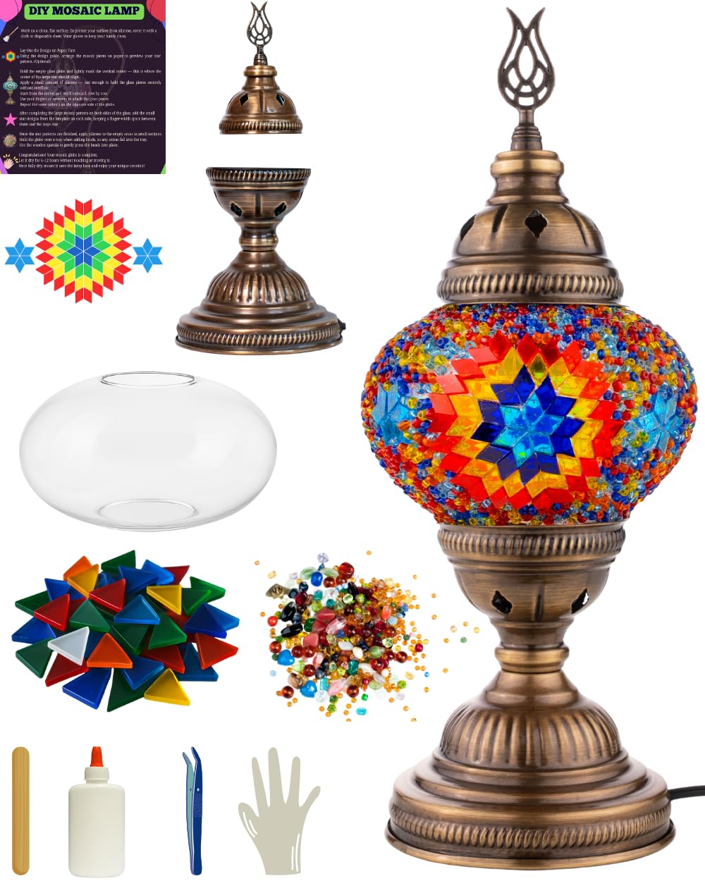 DEMMEX DIY Turkish Mosaic Lamp Kit – Complete Arts & Crafts Gift Set for Adults & Teens – Easy & Fun Home Décor, Make Your Own Table Lamp (Classic, Multicolor) — image 1
