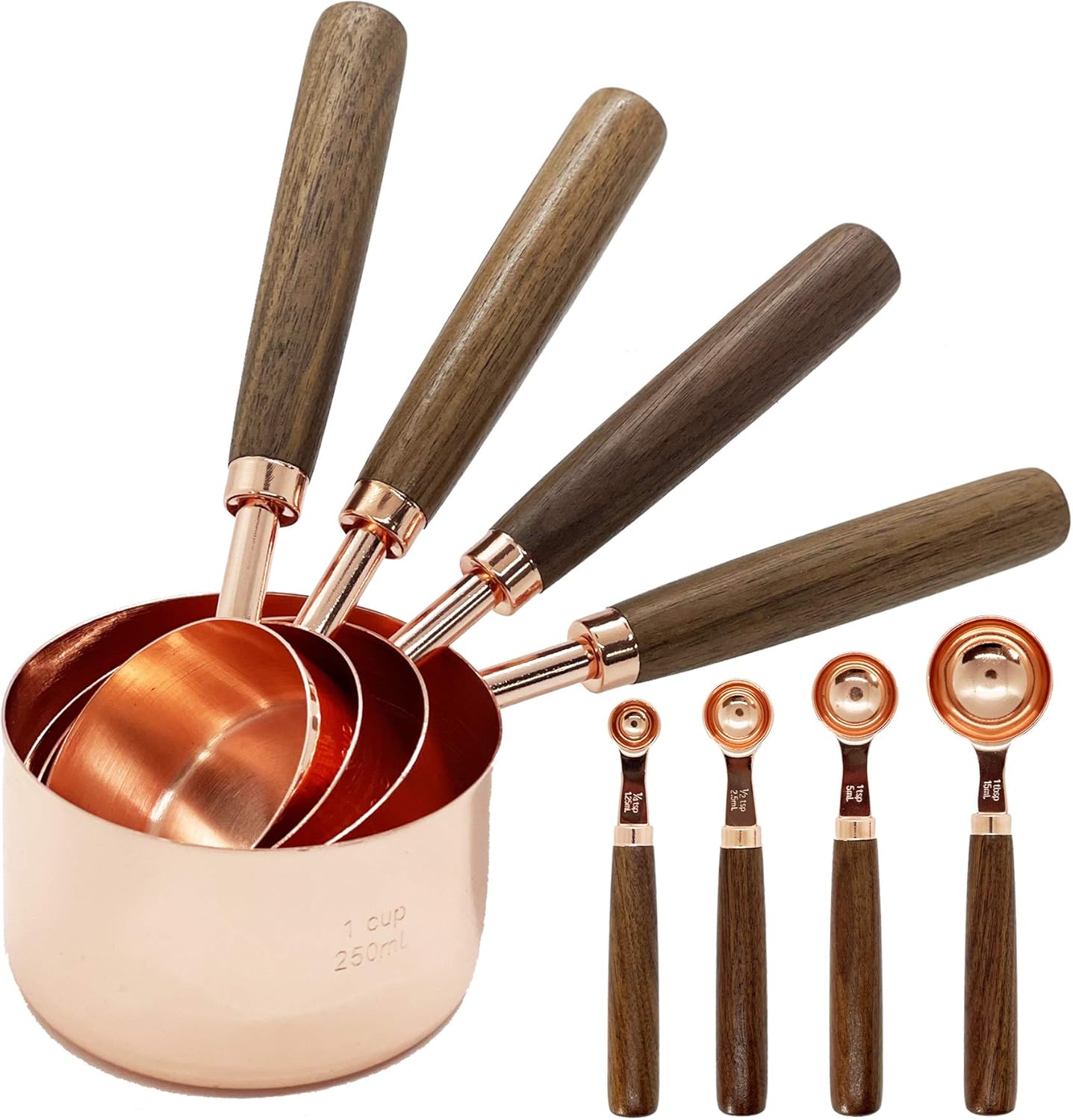 Stainless Steel Measuring Cups and Spoons - Set of 8 Measuring Cups and Spoons Set with Walnut Wood Handle, Nesting Measuring Cup Set for Dry and Liquid Ingredients (Rose Gold)