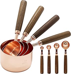 Stainless Steel Measuring Cups and Spoons - Set of 8 Measuring Cups and Spoons Set with Walnut Wood Handle, Nesting Measuring Cup Set for Dry and Liquid Ingredients (Rose Gold)