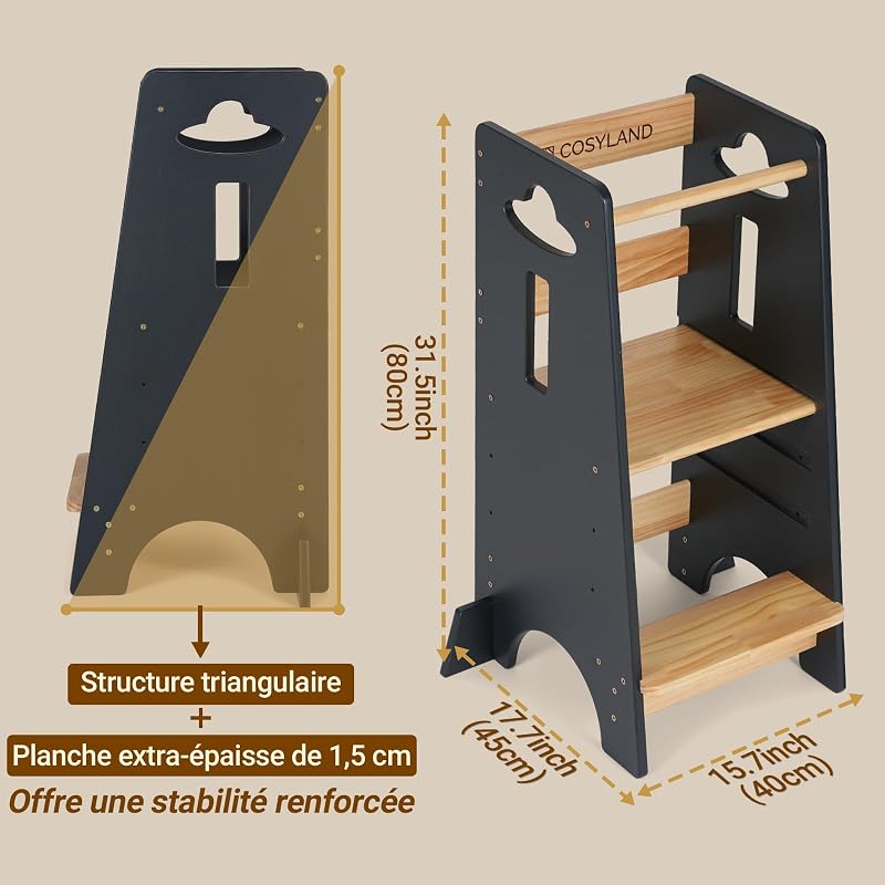 Tour d'apprentissage pour Enfants - Tour d'apprentissage en Bois pour bébés de 1 à 6 Ans - Hauteur réglable sur 3 Niveaux - 80 cm - Gris Classique et Naturel