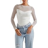 SUUKSESS Women Double Line Mesh Sheer Crop Tank Tops Boat Neck Long Sleeve Shirts