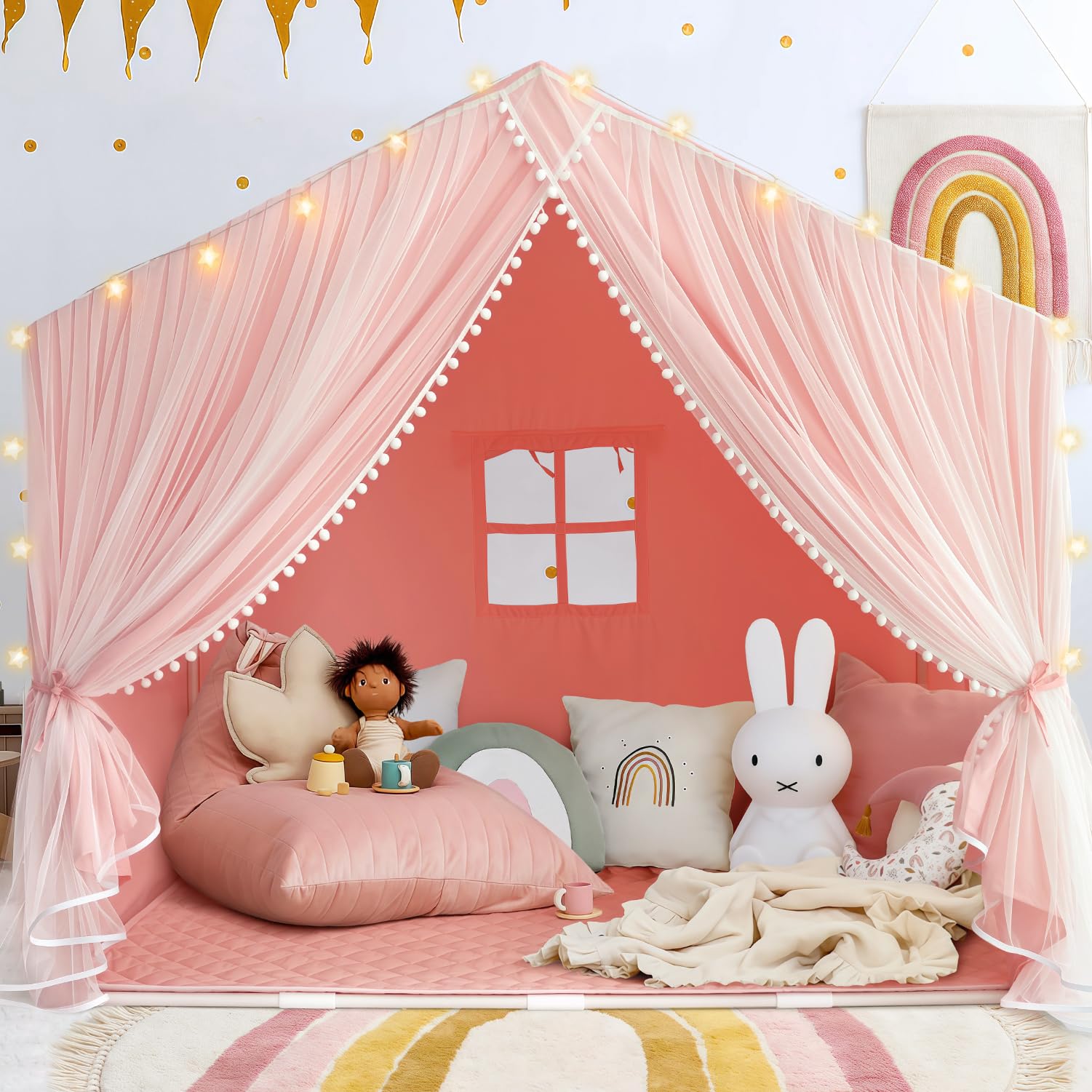 Photo 1 of Kids Tent with Mat, Kids Play Tents Indoor, Princess Tent for Girl, Toddler Tents Playhouse for Kid, Large Play Cottage Pink, Kid Toys for Girl Birthday Gift