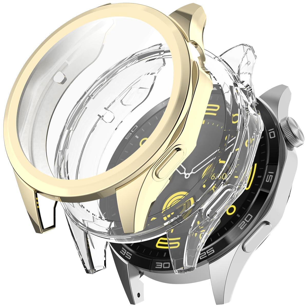 Miimall 2-Pack Case Compatible with Huawei Watch GT 4, Soft TPU Bumper Cover with Screen Protector, Anti-Scratch Shockproof Full Protective Case for Huawei Watch GT4 46mm-Clear+Gold
