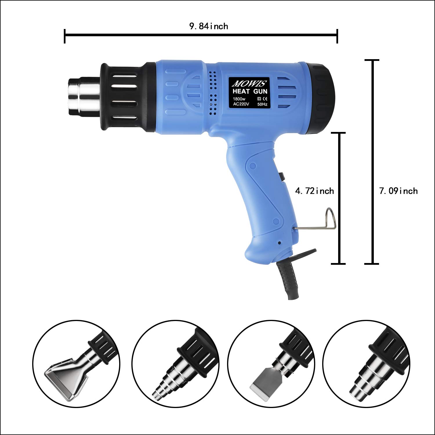 1800W Heißluftpistole MOWIS Professionelle Heißluftgebläse mit Temperaturregelung mit Digitale LED Anzeige 240V 50Hz Elektrisches  Heißluftlfön zum Löten und Schrumpfen von PVC, Abbeizen oder Trocken von Farbe (100-600℃)