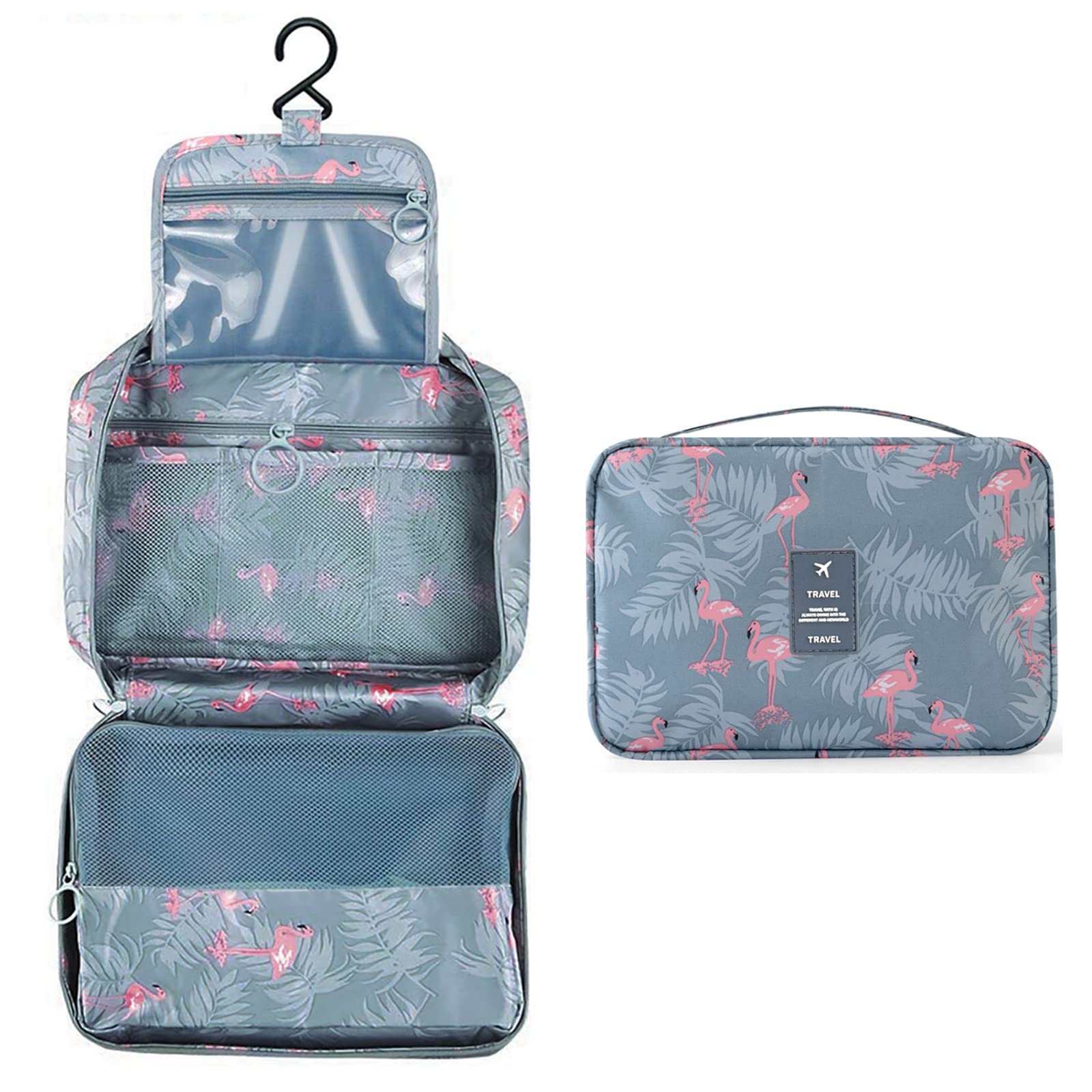 Large Hanging Toiletry Bag Travel, Waterproof Makeup Bag with 4 Compartments, Foldable Cosmetic Bags Organizer for Bathroom Shower, Portable Hanging Wash Bag for Women Men Kids (Grey-Blue Flamingo)