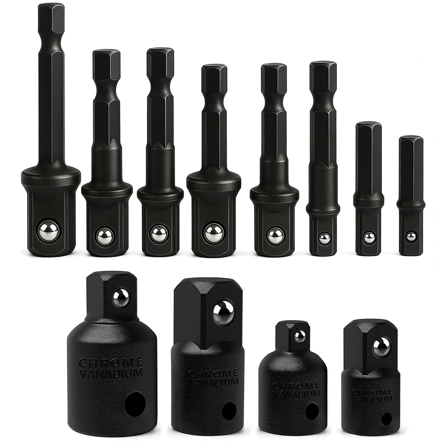 12Pcs Impact Socket Adaptor Set Drill into High Speed Nut Drill, 8Pcs Drill Socket Adapter 1/4", 1/2", 3/8" and 4pcs Impact Adapter 1/4 to 3/8 – 3/8 to 1/4 Inch – 3/8 to 1/2 – 1/2 to 3/8