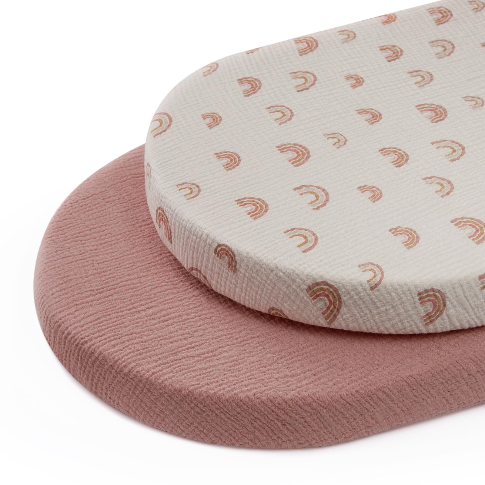 Photo 1 of Blissful Diary Muslin Bassinet Sheets for Baby Girls Boys, Boho Soft Cotton Fitted for Oval Hourglass Rectangle Mattress, 2 Pack(Dusty Pink&Rainbow)