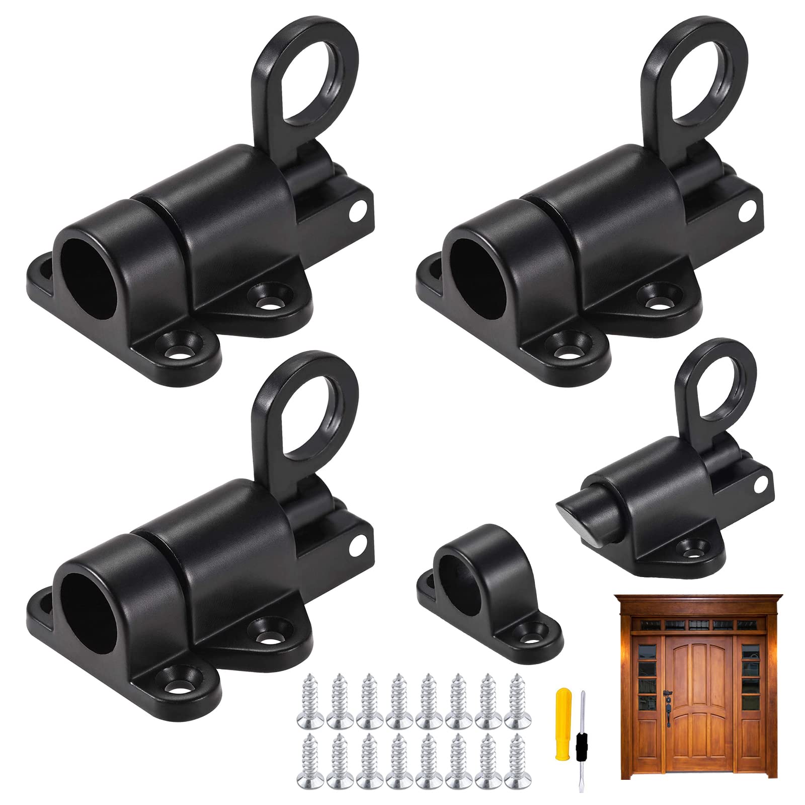 GZLFH® Pack of 4 Automatic Locking Door Bolts, Black Spring Lock with Screw and Screwdriver for Windows, Wooden Doors, Cabinet Doors