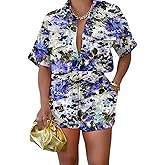 Euulin 2 Piece Outfits for Women Button Down Lightweight Short Sleeve Shirts Loungewear Summer Shorts Sets With Pockets