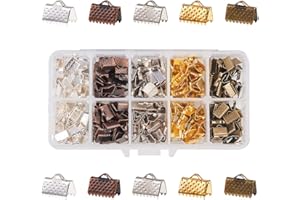 PH PandaHall 400PCS 5 Color Iron Ribbon Ends Bracelet Bookmark Pinch Clamp Cord Ends Fasteners Clasp Leather Crimp Ends Choker Jewelry Making Findings 10x7mm