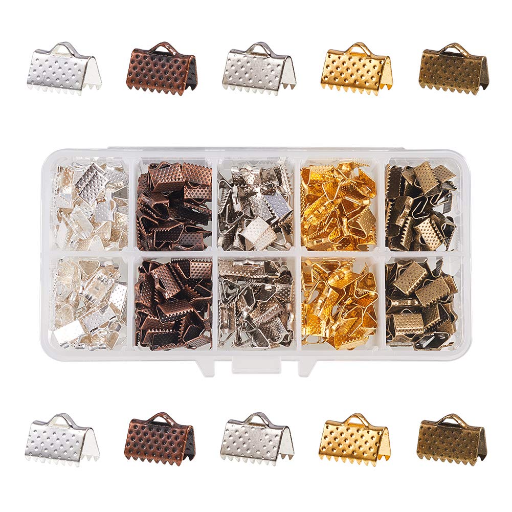 PandaHall Elite 400pcs Iron Ribbon Bracelet Bookmark Pinch Crimp Clamp End Findings Cord Ends Fasteners Clasp Leather Crimp Ends, 10x7x5mm, 5 Mixed Colors