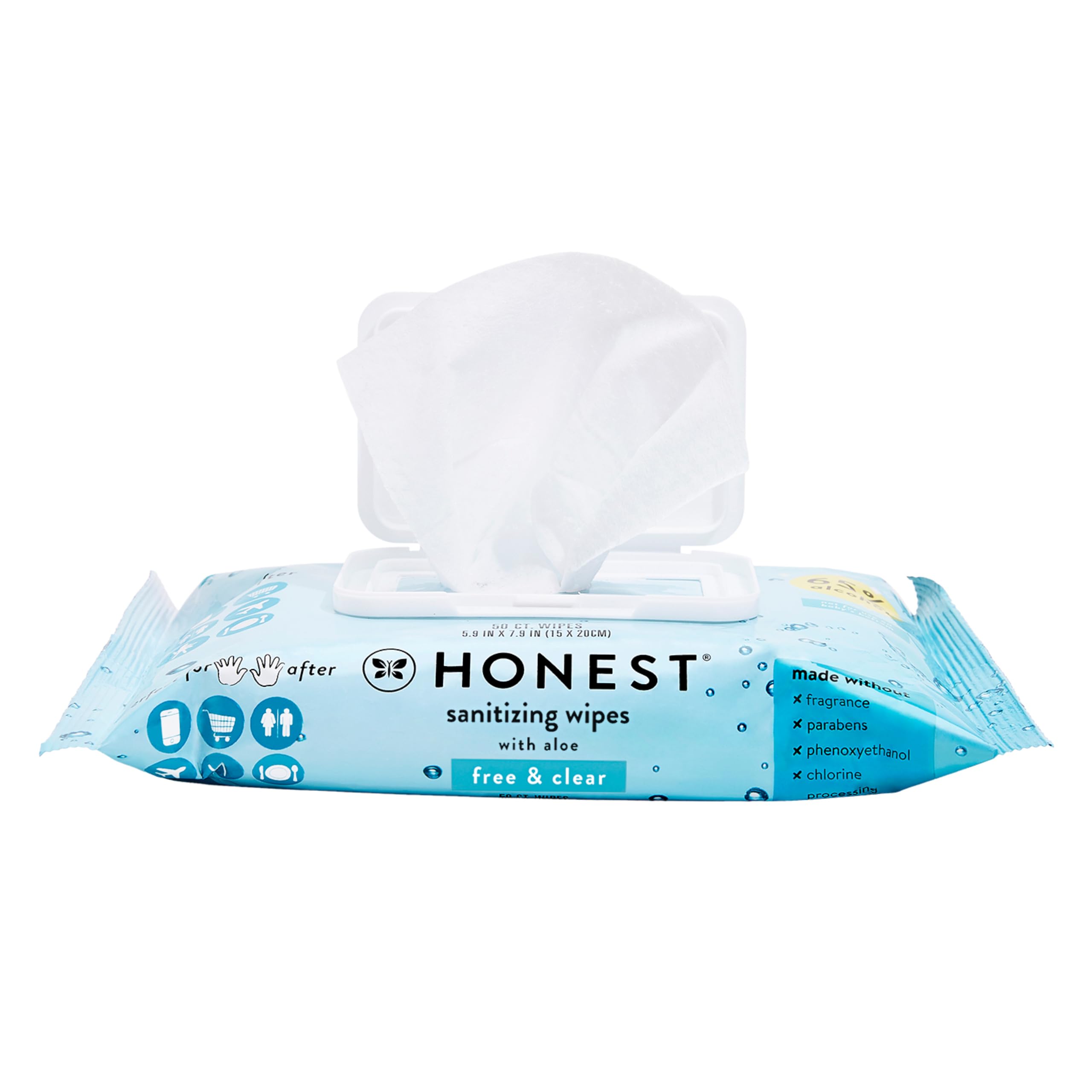 The Honest Company Fragrance Free Sanitizing Alcohol Wipes | Antibacterial + Safe for Hands | Kills 99% of Germs, Made With Aloe | 150 Count (3 Packs of 50)