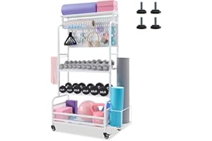 LAUREN HAROLD 56'' Taller Home Gym Storage Organizer, Yoga Mat Storage Rack with Hanging Board, Exercise Workout Equipment Storage Stand for Home Gym, Dumbbell Holder Kettlebell Rack with Wheels and Hooks