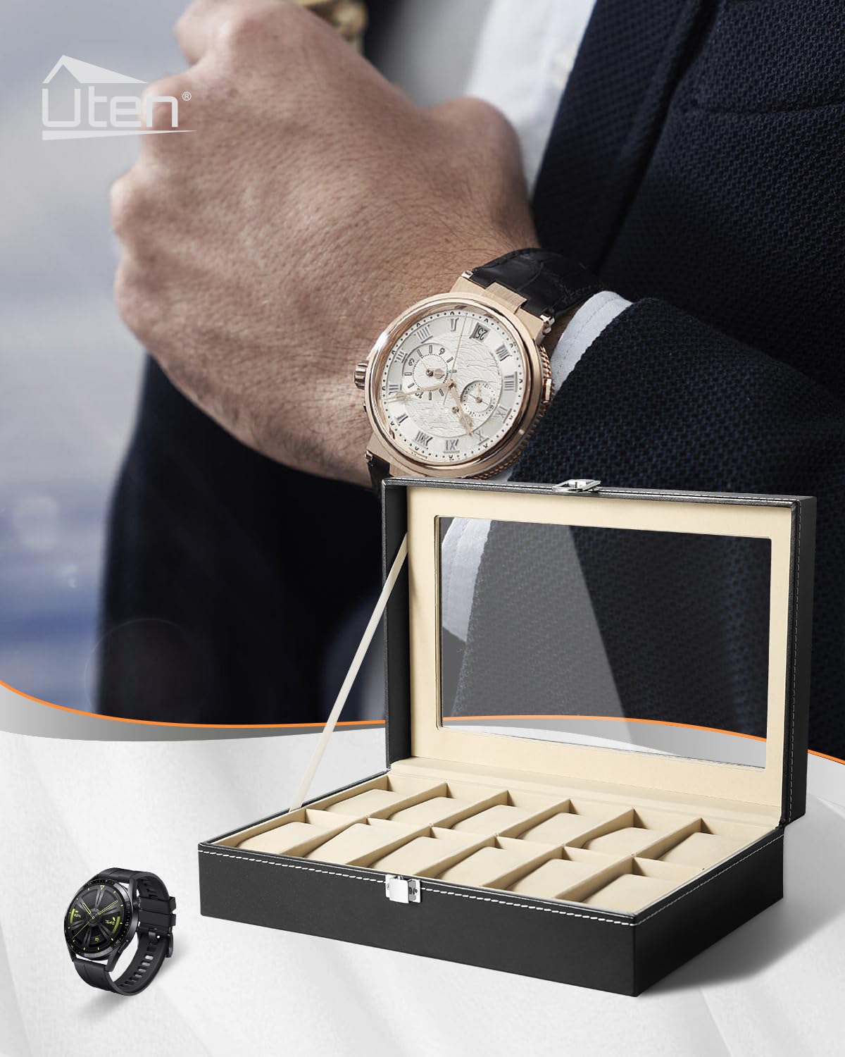 Uten Watch Organizer - 12 Slot PU Case with Glass Lid, Valentine's Day Gift, Watch Display Box with Removable Pillow, Metal Clasp