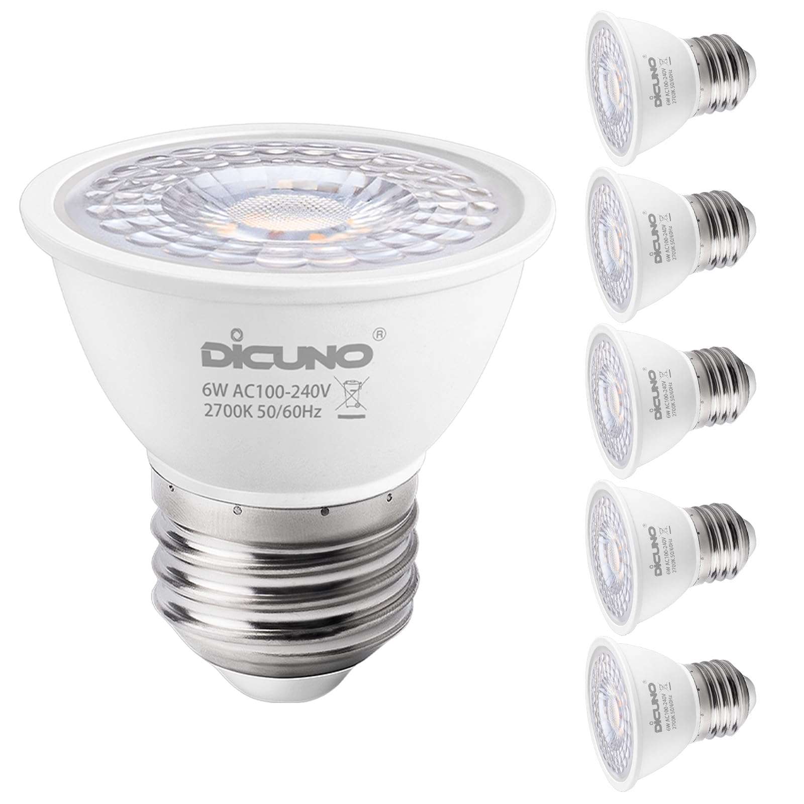 DiCUNO E27 LED Bulb 6W, E27 ES Light Bulbs MR16, Warm White 2700K, 50W Halogen Replacement, 500LM, CRI 90 Reflector Spotlight for Home Lighting, Non-dimmable, 6Pcs