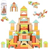 FCSONU Wooden Building Blocks for Toddlers 1-3, 100 Pcs Wood Blocks Set - Sorting & Stacking Toys with Storage and Lid, Kid M