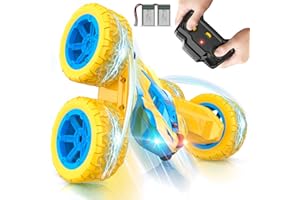 Qumcou Remote Control Car, RC Cars Stunt Car Toys for Kids, 2.4Ghz High Speed Double-Sided 360°Rotating Toy Cars with Cool Headlights, Christmas Birthday Gifts for Boys Girls Age 6-12（Yellow）