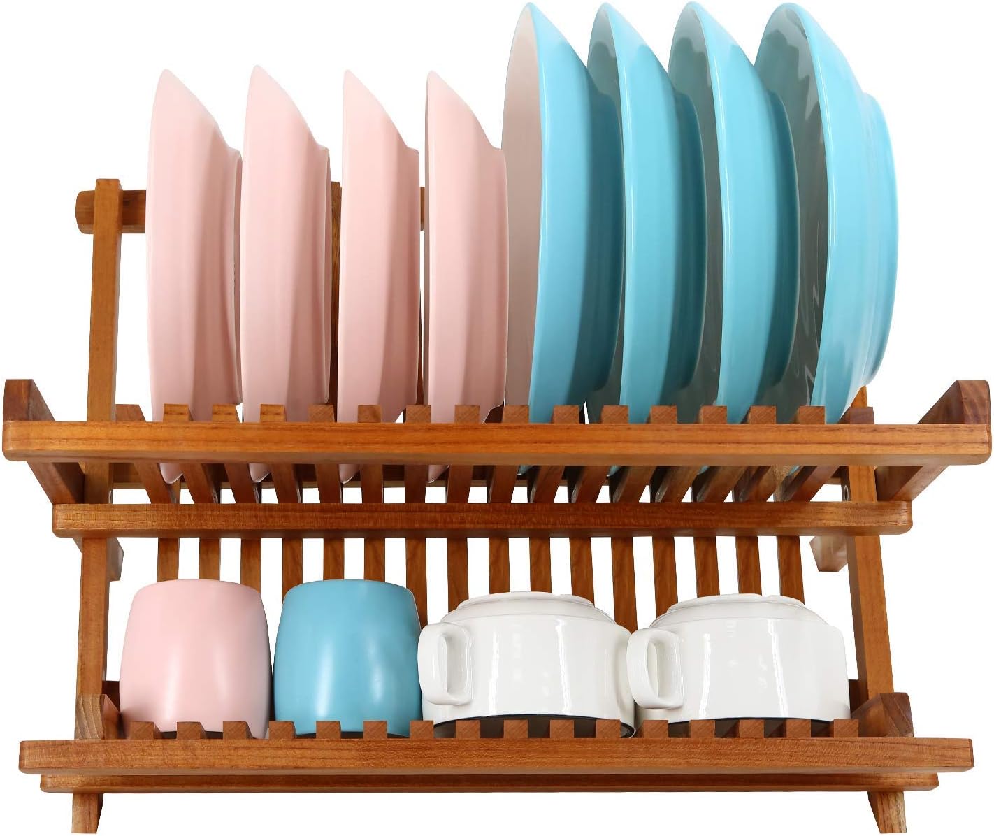 Utoplike Teak Dish Rack Stand Drainer, Collapsible 2 Tier Dish Drying Rack with Cup Holder, Wooden Plate organiser for Kitchen - Image 5