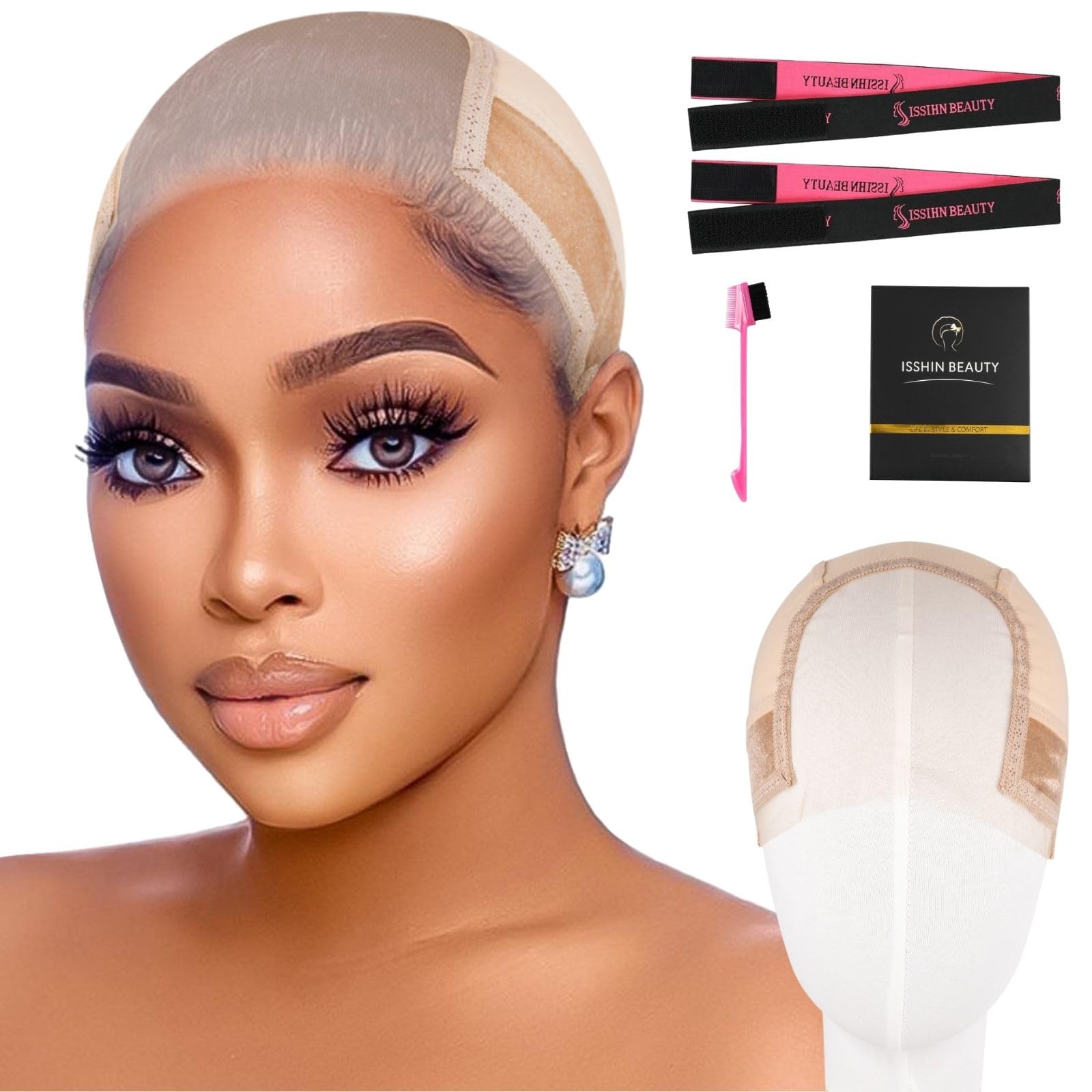 Photo 1 of Lace Wig Grip Cap for Women - Medium Size Snug Fit 4x5 Transparent Swiss Lace Non-slip Glueless Wig Gripper with Ear-Cutouts Adjustable Velcro Headband (Light Brown)