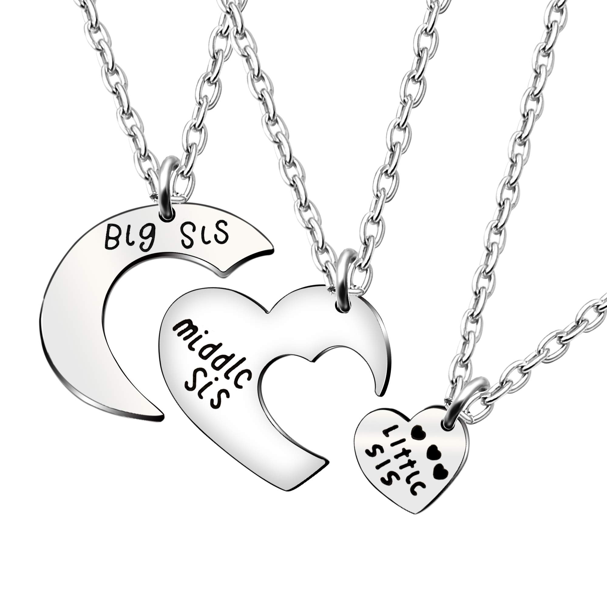 AGR8T3pcs Pendant Necklace Set Big Middle Little Sister Charm Broken Heart  Gifts for Sister Best Friend