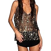 Women Sparkly Sequin Tank Top Y2k Beaded Sheer Cami Mesh Party V-Neck Rave Top