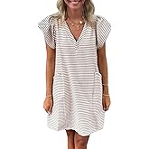 Mieazom Striped V-Neck Mini Dress for Women Puff Sleeve Casual Dress with Pockets, Comfortable & Stylish for Summer