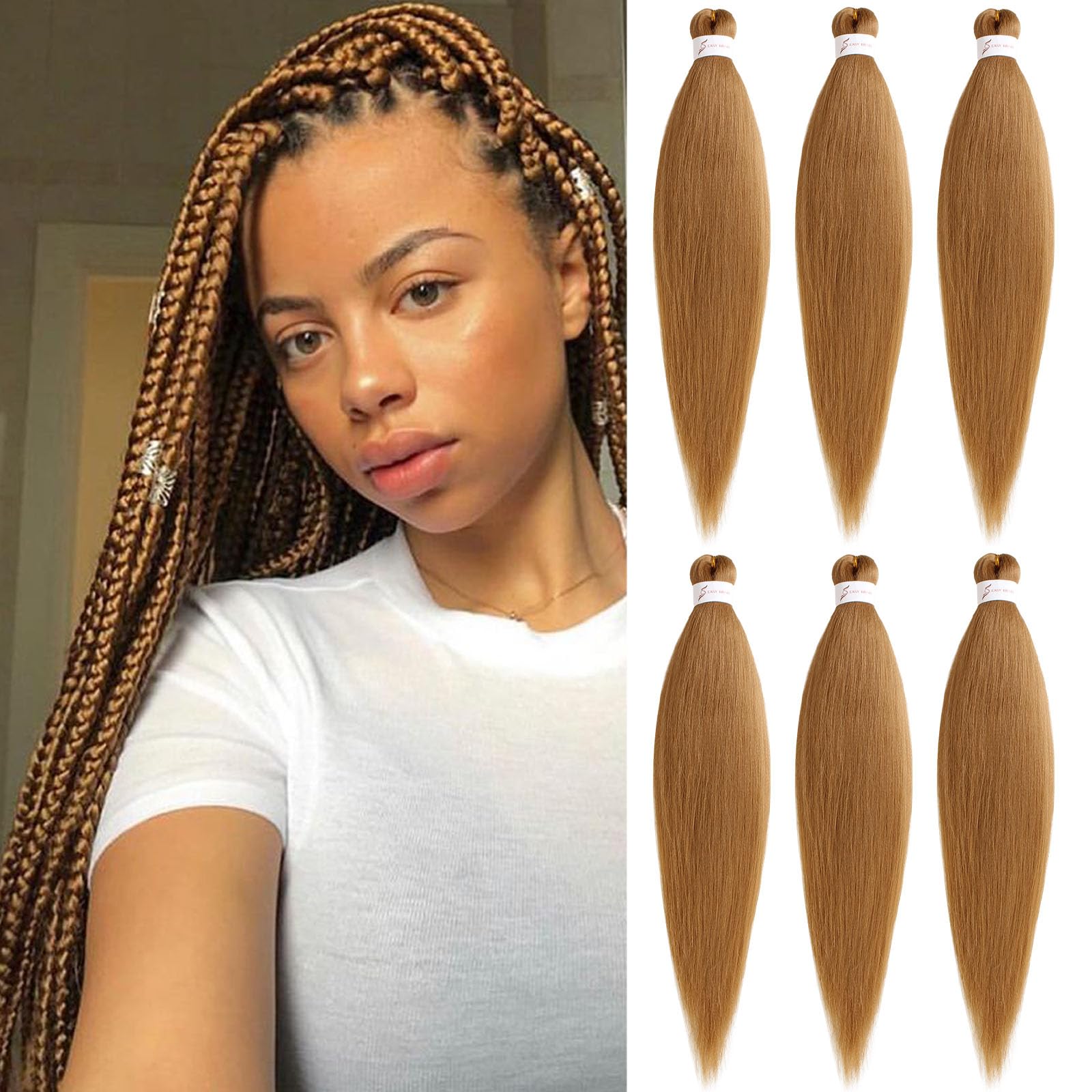 Samtress 24 Inch Pre Stretched Braiding Hair 6 Packs Knotless Easy Briad Yaki Texture Kanekalon Synthetic Braiding Hair Honey Blonde Hot Water Setting Crochet Braids Hair Extensions for Women (#27) — image 1