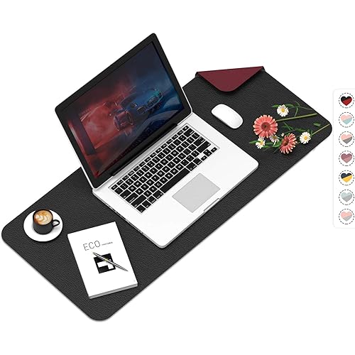 2021 Desk Pad Protector Office Desk Mat, 23.6"x13.7" PU Leather Desk Blotter, Waterproof Large Mouse Pad, Non-Slip Desk Writing Pad for Home & Office Black&Red