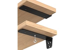 SMATTO Floating Shelf Bracket, Heavy Duty Industrial Shelf Bracket 4 Pack, 10 Inch Black Metal L Brackets for Shelves, Wall Hanging Bracket with 4 Removable Hooks …