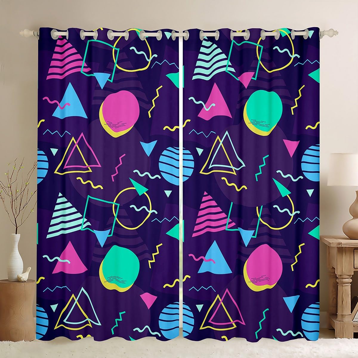Manfei Memphis Blackout Curtain Retro 80s or 90s Fashion Style Window Drapes for Kids Girls, Geometric Triangle Circle Window Treatments Grommet Top 2 Panel Set Bedroom Curtains, 46Wx54L inch