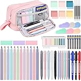 54 PCS Aesthetic School Supplies, Stationery Essentials Set with Large Pen Case, Mechanical Pencils & Black Ink Gel Pens with Refills, Markers, Erasers, Highlighters, Sticky Notes, Correction Tapes