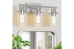 THECHAM 3 Light Bathroom Light Fixtures Over Mirror, E26 Base Vanity Light with Clear Glass Shade, Modern Brushed Nickel Wall Sconces for Bathroom