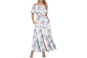 HUUSA 2025 Summer 2 Piece Boho Outfits for Women Short Sleeve Off Shoulder Crop Top and High Waist Flowy Long Skirt Set