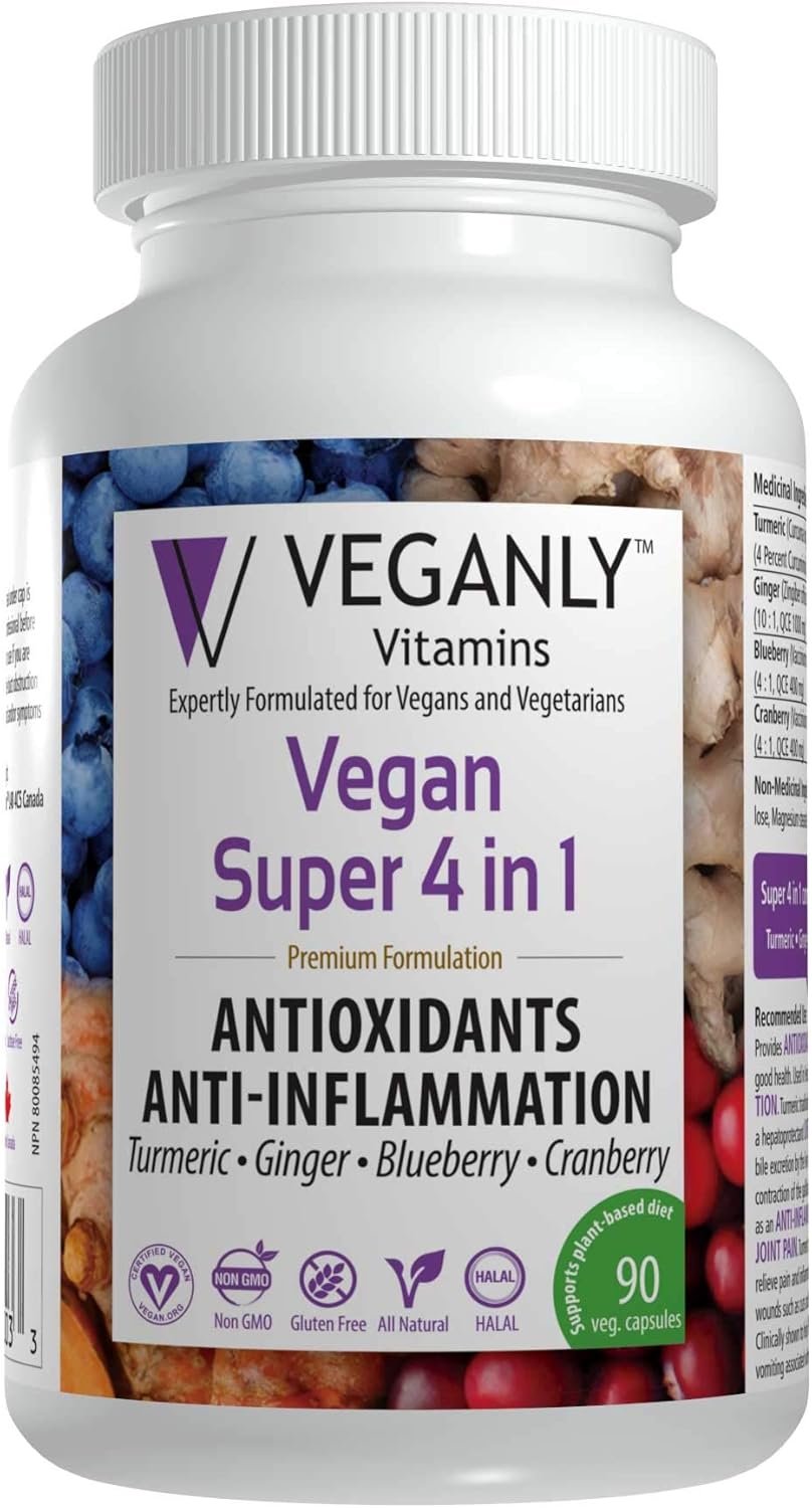 VEGANLY Vitamins Vegan Super 4 in 1 Antioxidants & Anti-Inflammation. All Natural All-in-One from Turmeric, Ginger, Blueberry, Cranberry (90 caps) Helps Relief Joint Pain and Improve Digestion